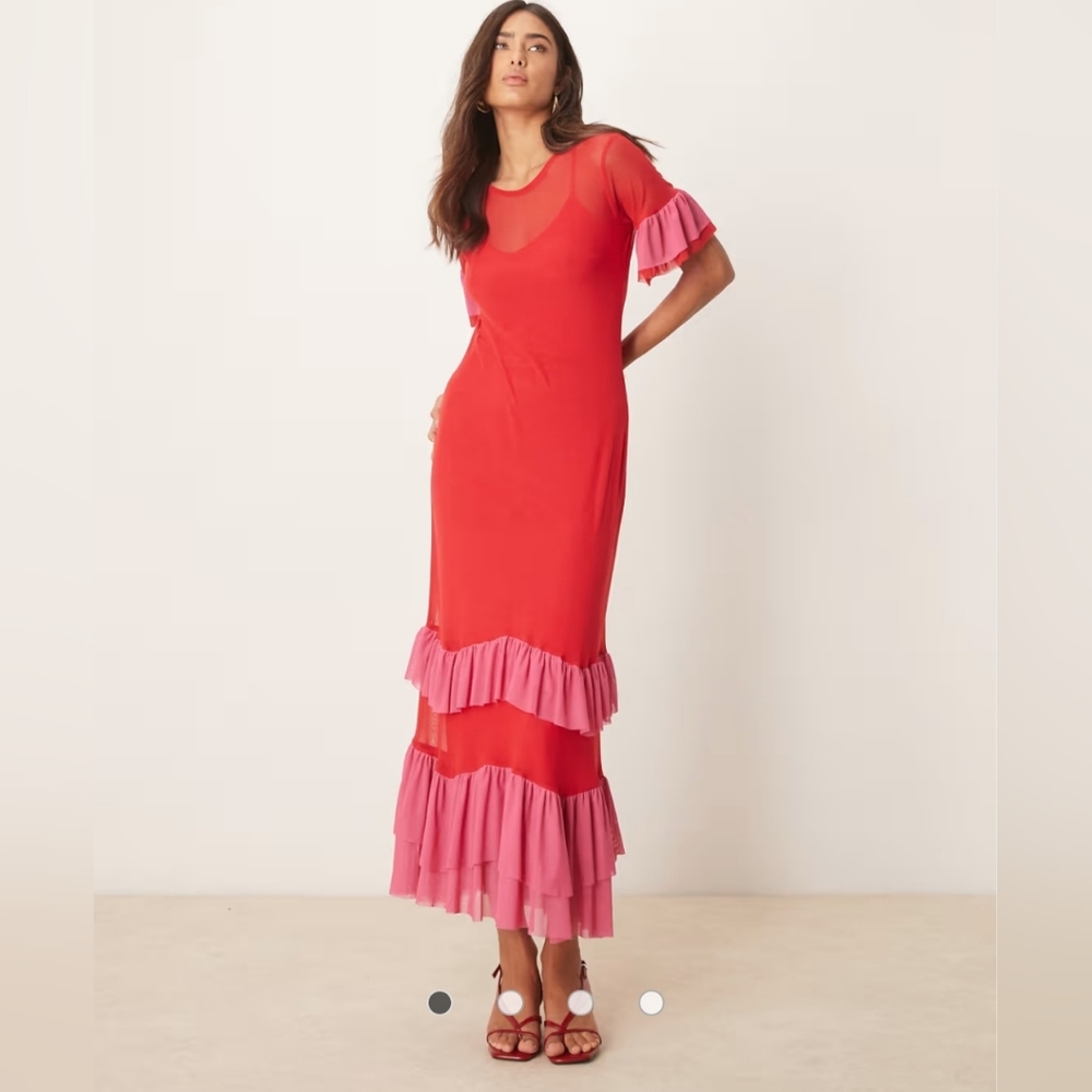 Never Fully Dressed mesh ruffle maxi dress in red and pink